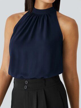 HALARA Keyhole Back Halter Sleeveless Curved Hem Work Blouse